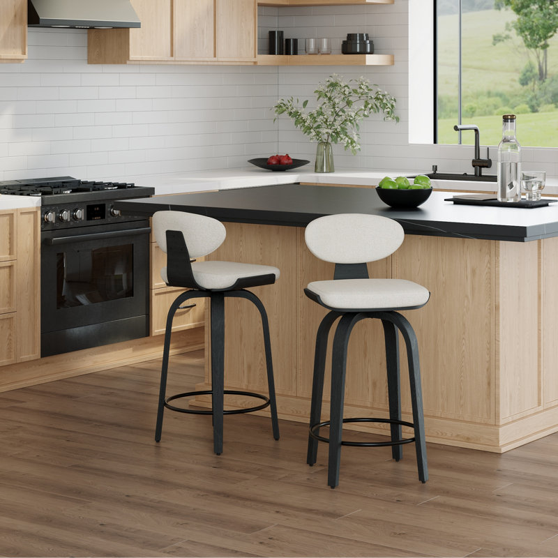 26'' Upholstered Swivel Counter Stool With Back And Bentwood Legs, Black