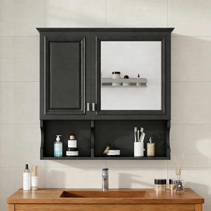 Armoire de toilette murale à miroir de 30 pouces avec tablettes ouvertes, tablette réglable et rangement dissimulé, rangement au-dessus de la toilette
