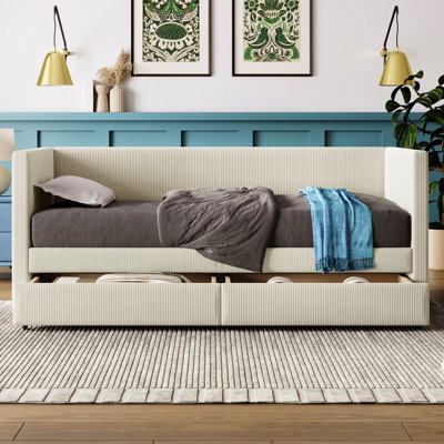 Lit de jour beige en velours côtelé avec deux tiroirs fonctionnels et lattes de bois - Mobilier de chambre à coucher simple dans un tiroir polyvalent