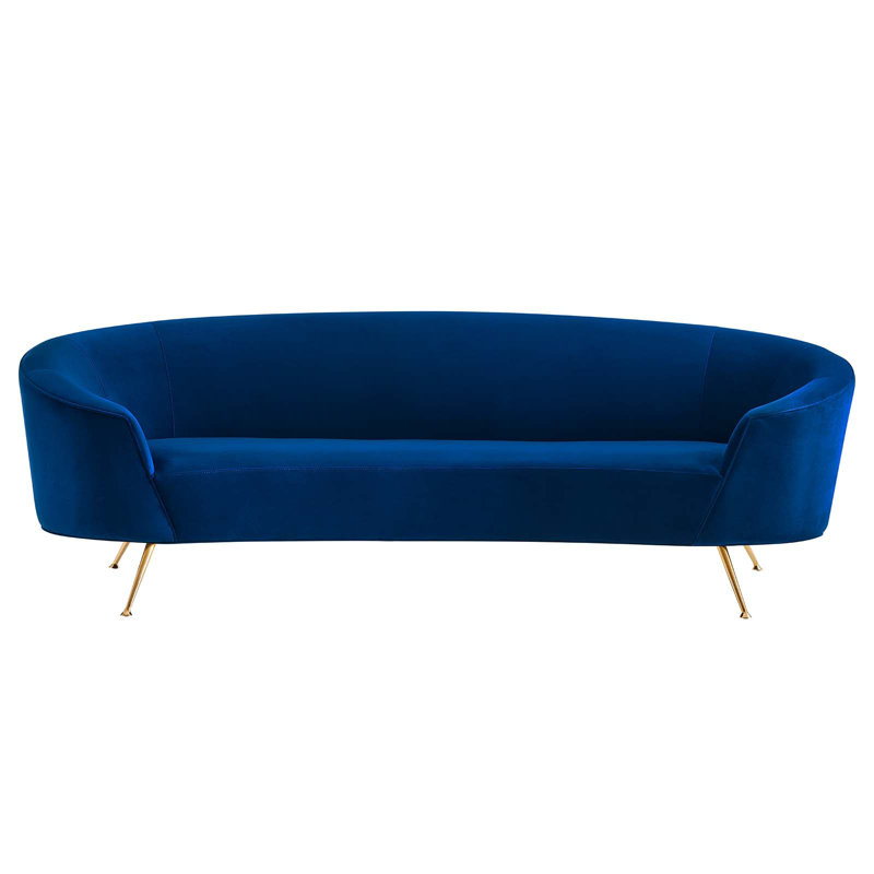 Navy Velvet Curved Sofa with Gold Legs and Sloped Arms