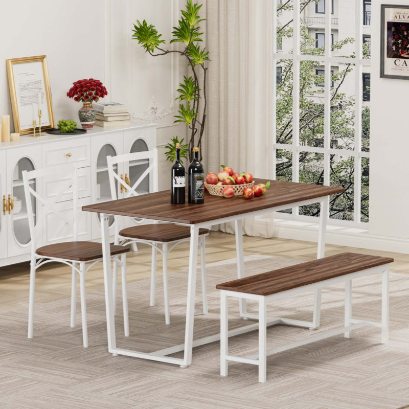 Ensemble de salle à manger 6 pièces avec table, quatre chaises et banc, 4 pièces: table, 2 chaises, 1 banc, Brun / Blanc