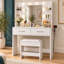 Bureau de maquillage avec miroir lumineux et prise de courant, coiffeuse avec tabouret-1152686474
