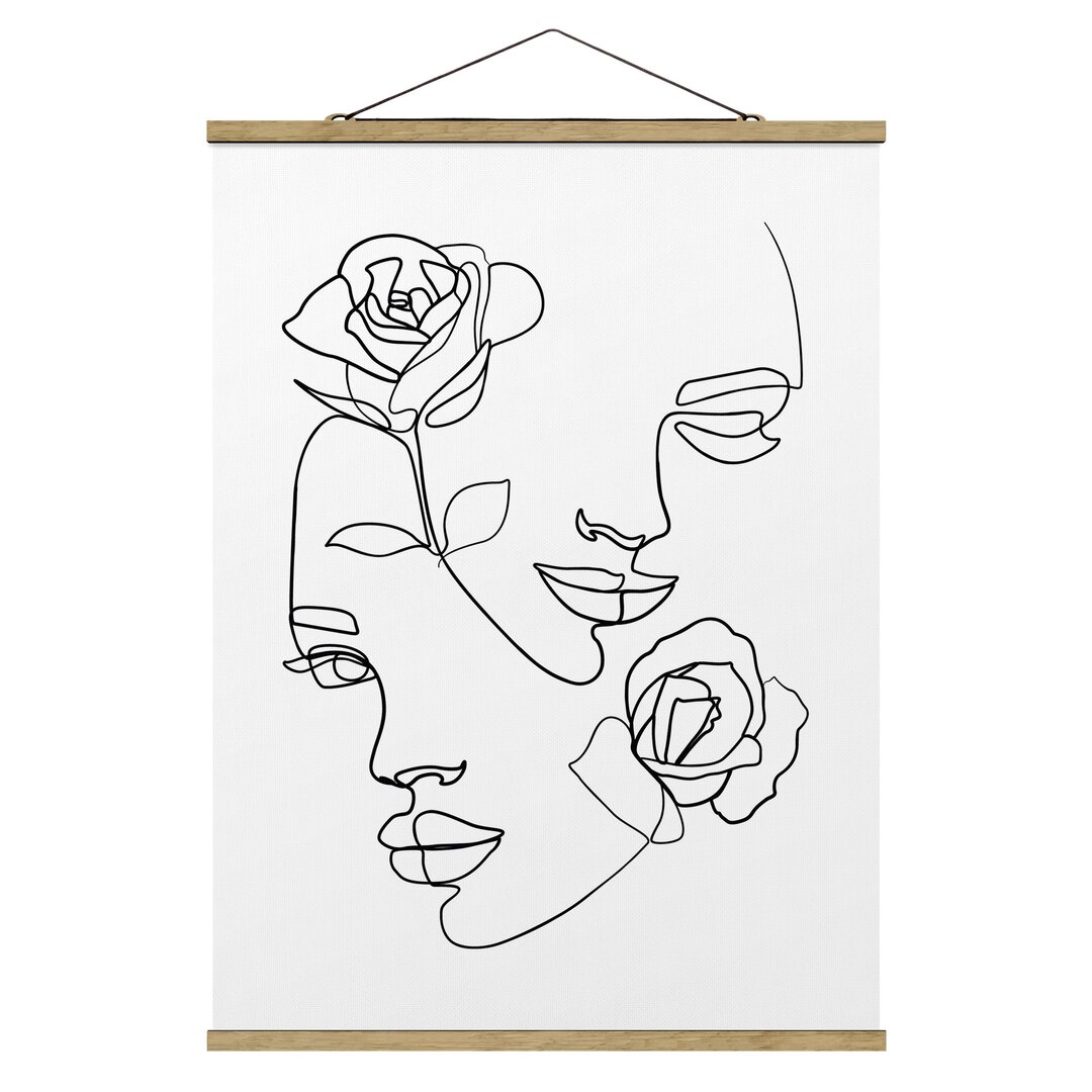 Stoffbild Mit Posterleisten - Line Art Gesichter Frauen Rosen Schwarz Weiß - Hochformat 4:3