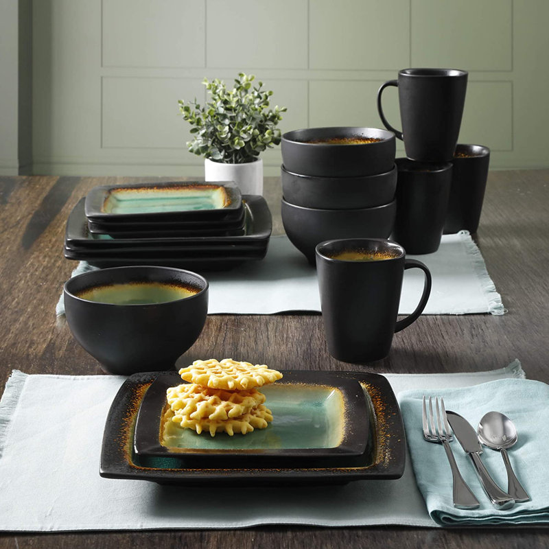 Gibson Ocean Paradise 16 Piece Dinnerware Set, Service for 4, Green/Black