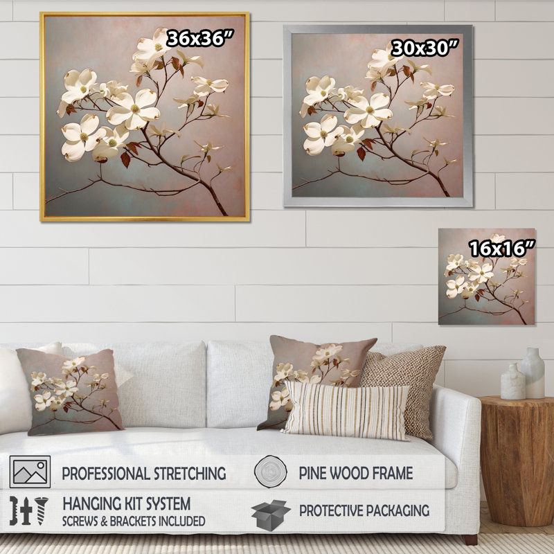 Cornouiller blanc élégant gris I - art mural floral pour le salon, Toile tendue, H 16 po x l 16 po x P 1 po
