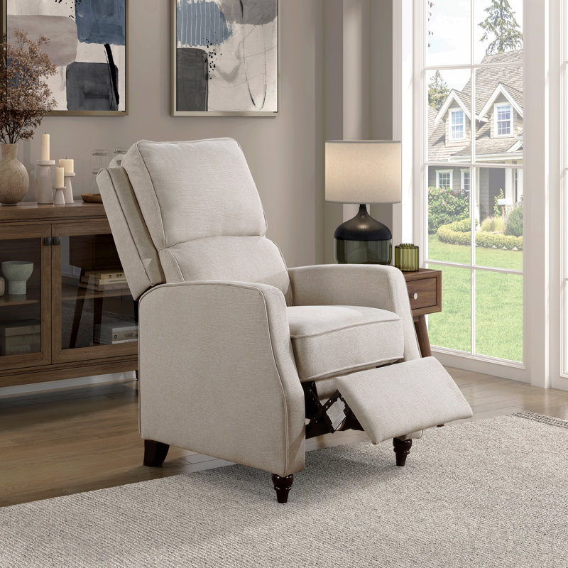 Fauteuil inclinable confortable en bois massif, style transitionnel, recouvert de tissu beige (1 pièce)