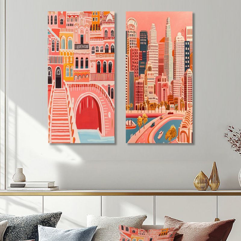 Ensemble de 2 impressions murales Pop Art Los Angeles Cityscape - California, 32" H x 32" W