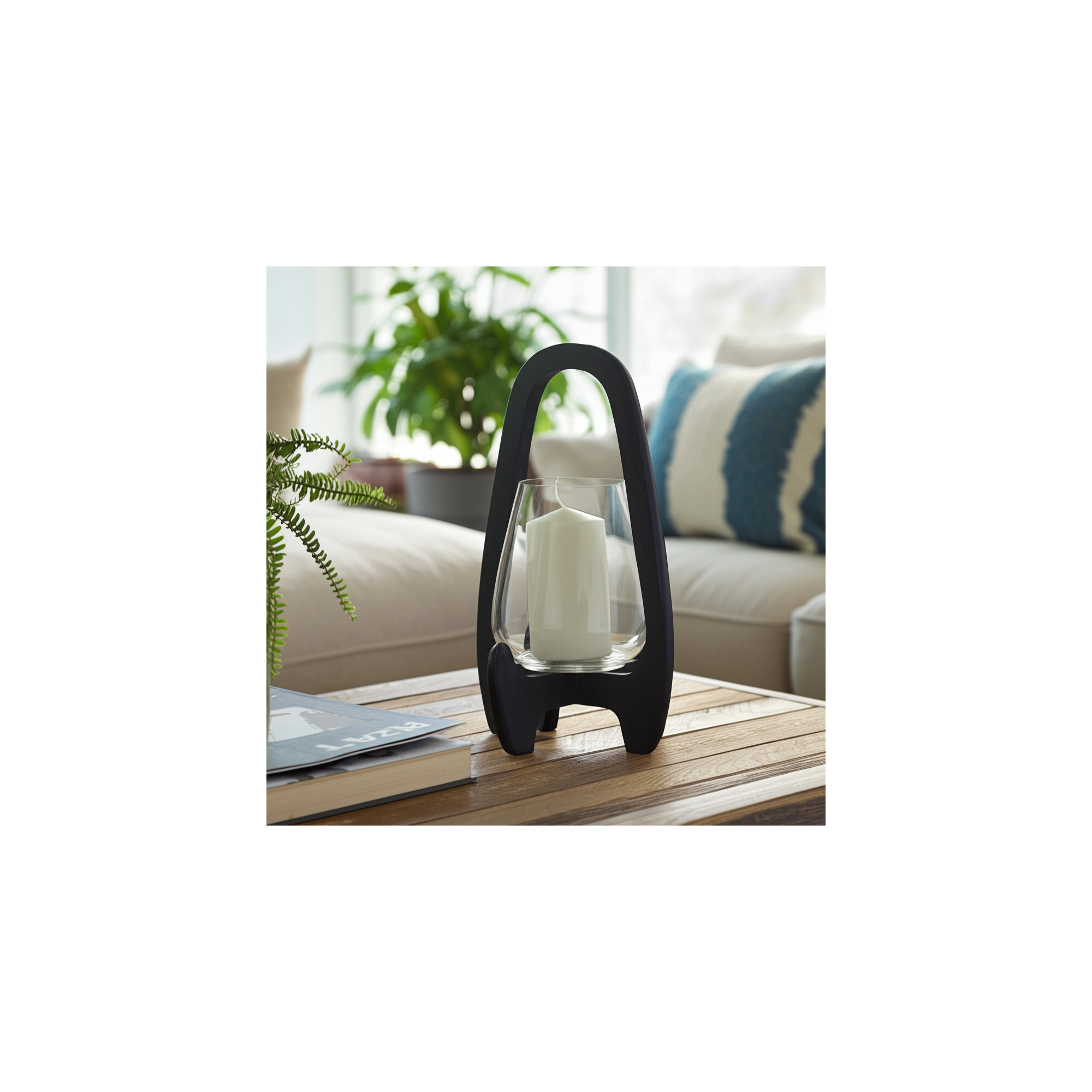 Sculpted Wood Glass Hurricane Lantern, For Decorative Use, Mango Wood and Glass, 15" H x 8" W x 8" D, Black