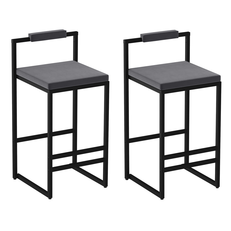 Tabourets de bar rembourrés en velours à hauteur de comptoir pour îlot de cuisine, ensemble de 2 chaises de salle à manger modernes avec repose-pieds et dossier (noir et gris)
