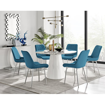 Edward Statement Marble Effect Pedestal Dining Table Set with 6 Velvet Upholstered Dining Chairs
