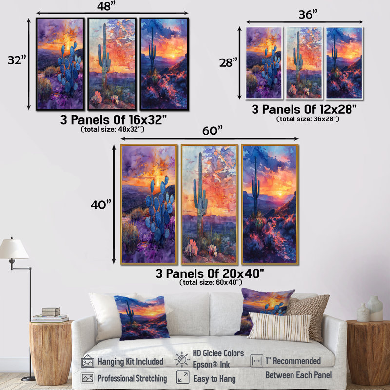 Cactus vert mauve, désert, coucher de soleil I - Collection d'impressions sur toile traditionnelles, 3 pièces, Brun