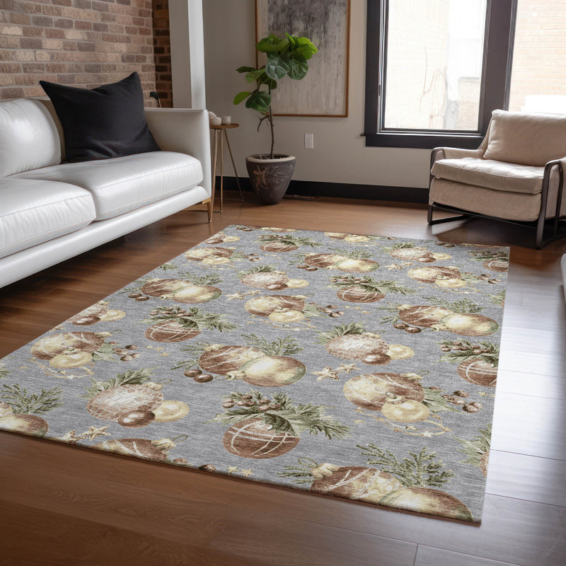 Gray Christmas Ornaments Flat Woven Synthetic Rug 5' x 7'