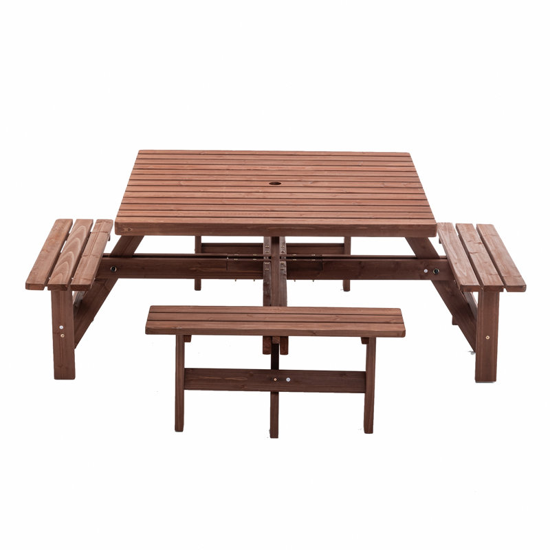 Table de pique-nique carrée pour 8 personnes avec trou pour parasol