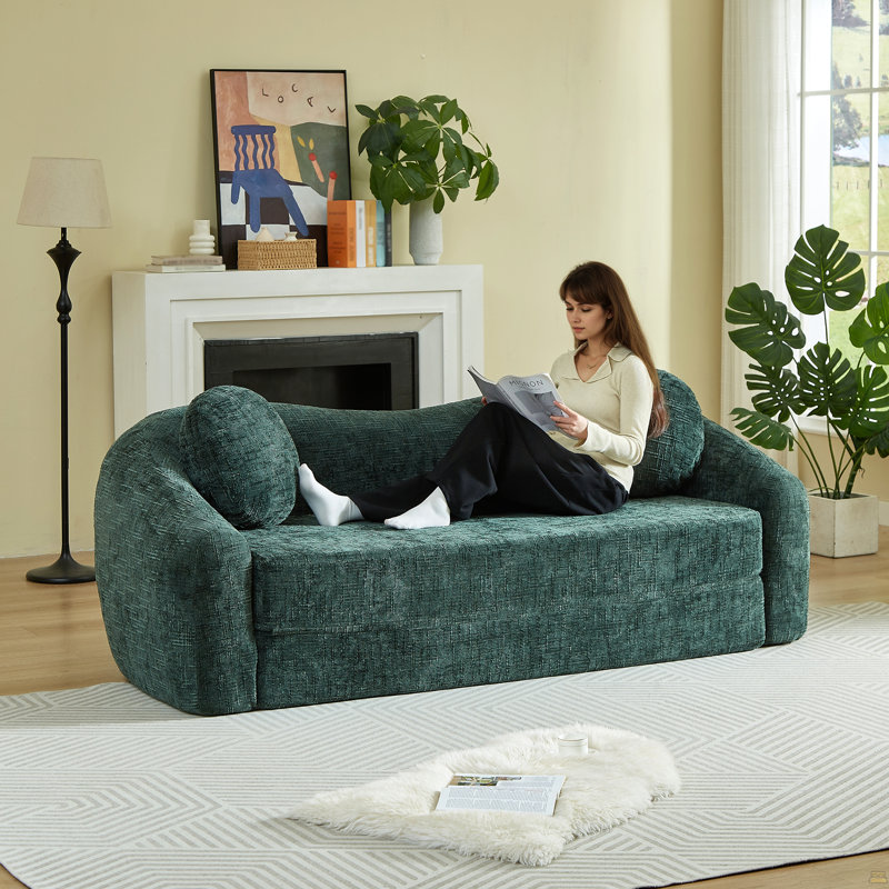 Canapé inclinable convertible courbé de 86 pouces, canapé-lit pliant sans cadre 2 en 1 avec base coulissante et siège profond, canapé inclinable en chenille à deux places, aucun assemblage requis Vert