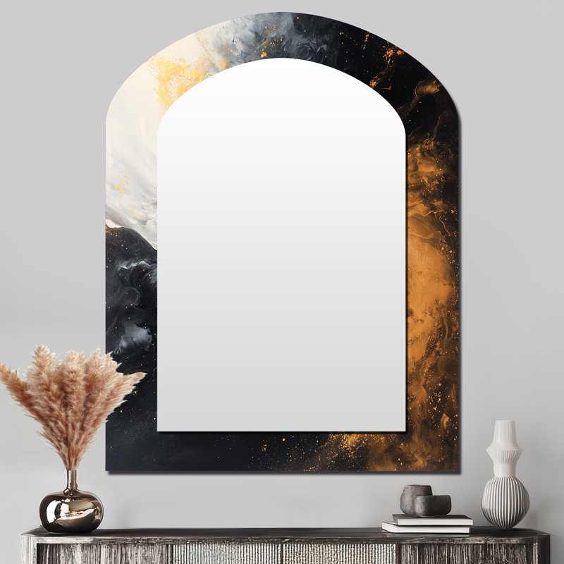 Or et noir Aurora Edge Shapes III - formes abstraites, miroir mural décoratif asymétrique, miroir arche moderne, impression d'art en métal