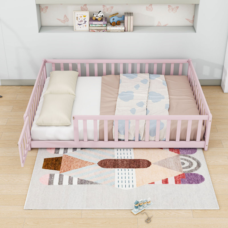 Lit bas en bois avec clôture et porte, Double, Rose