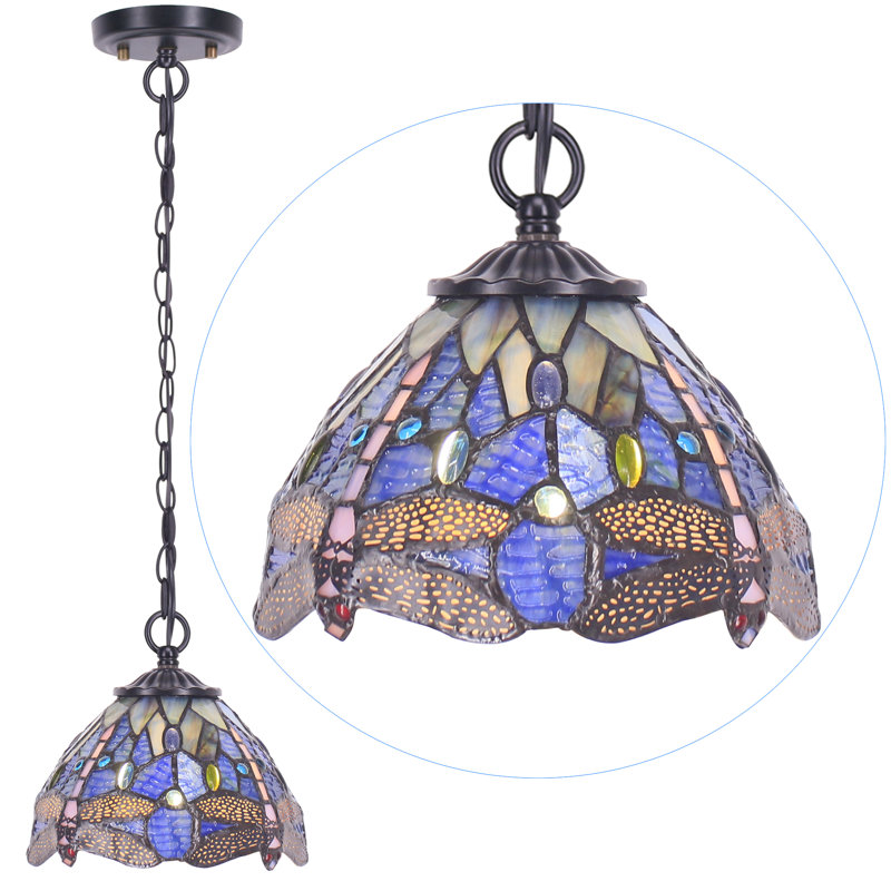 Petit luminaire suspendu en verre coloré Tiffany, Libellule bleue