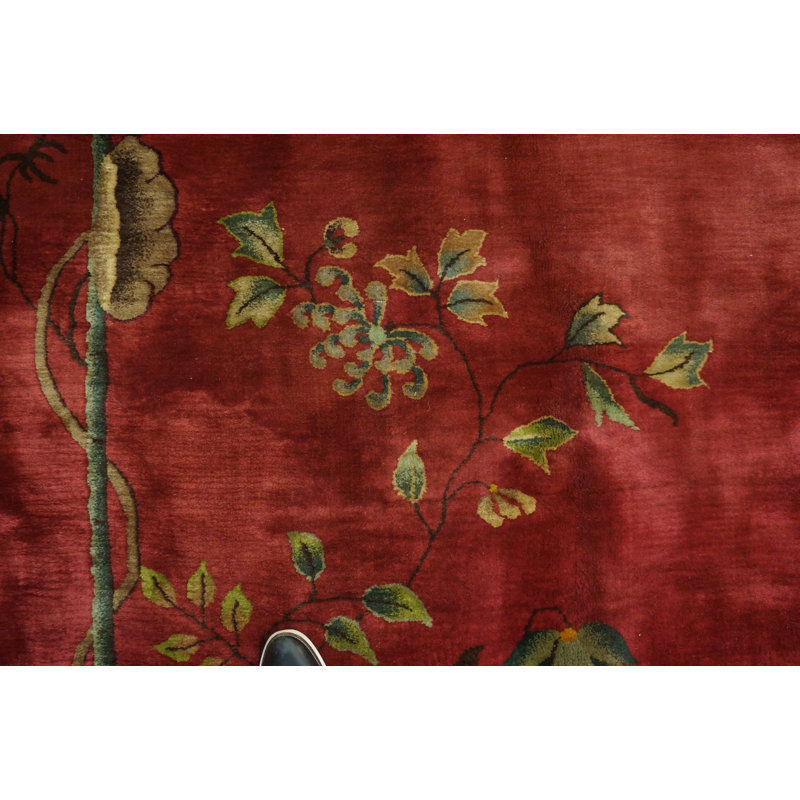 Hand Knotted Pile Red / Rust Wool Antique 1920s Rectangle Chinese Art Deco Rug