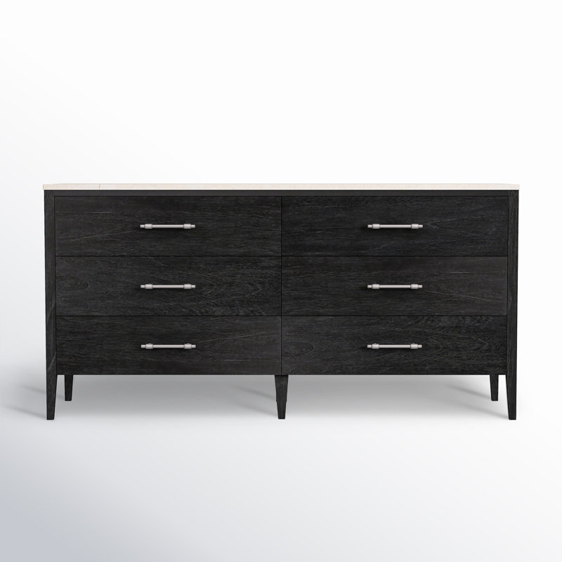 Mayfair 6 Drawer Wood and Marble Dresser, Washed Black/Ivory