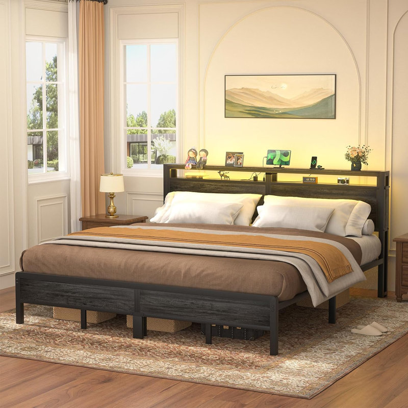 Jaquaya Bed Frame with Charging Station and Led Lights, King, Gray