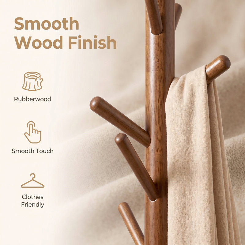 Trikomou Solid Wood 8-Hook Freestanding Coat Rack, Walnut