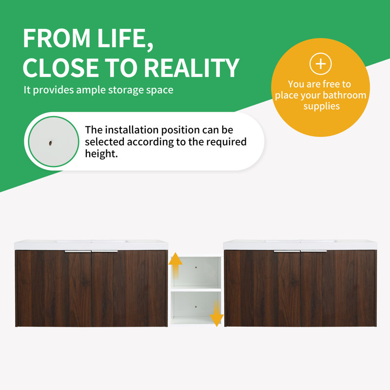 84" Wall-Mounted Double Bathroom Vanity Set, Brown
