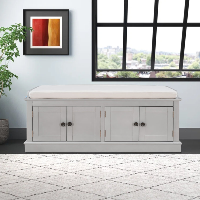 Linen Blend Upholstered Storage Bench, Gray Wash