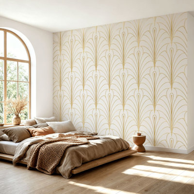 Wall Mural Peel and Stick Wallpaper Art gold seamless Repeated golden fan patern Abstract nouveau for Self-Adhesive Removable Contact Paper Wall Decor for Living Room Bedroom 69"H x 96"W