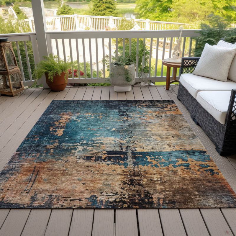 Teal and Brown Abstract Washable Synthetic Area Rug 3' x 5'