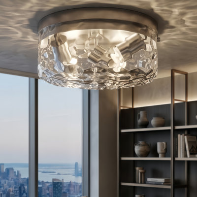 12''-3 Lights Brushed Sand Nickel Modern Metal And Glass Drum Dimmable Flush Mount Lighting For Bedroom