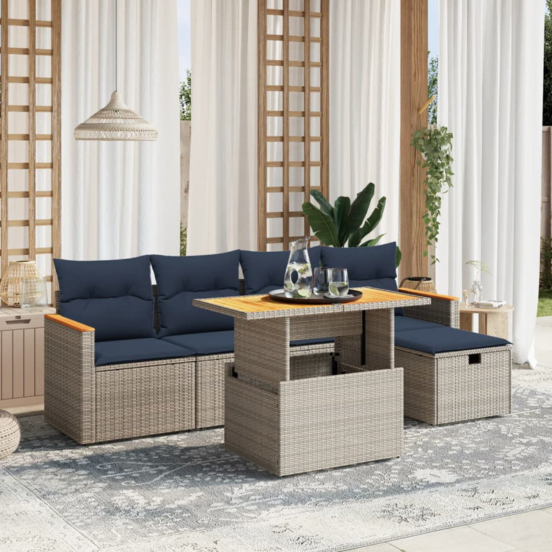  Ensemble de canapé de patio 6 pièces avec coussins en rotin de polyester, Bleu, Gris