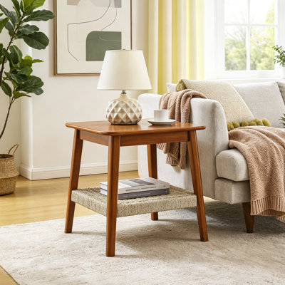 Table d'appoint de style Mid-Century de 23 po avec tablette tissée, table d'appoint Boho avec rangement, tables de chevet, petite table d'appoint pour canapé de salon, bureau à domicile