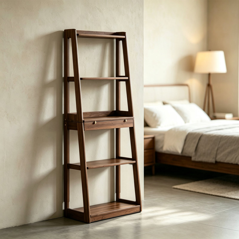 Bibliothèque de rangement trapézoïdale en bois d'hévéa, Walnut