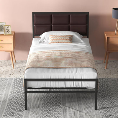 Full Metal Bed Frame, Faux Leather Upholstered Headboard, Heavy Duty Platform with Steel Slats, 10" Storage, Easy Setup