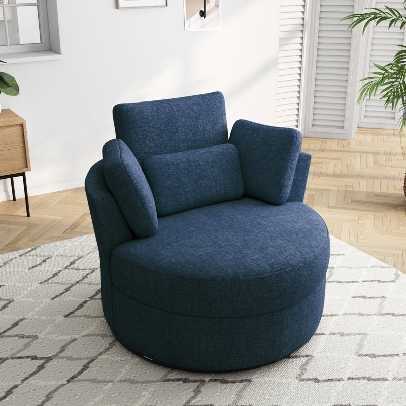 Niama Upholstered Swivel Lounge Armchair With Pillows, Navy Blue Polyester Blend/Polyester