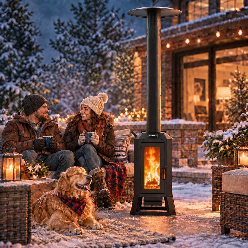 70,000 BTU Wood Pellet Patio Heater with Glass View Window & Wheels, Outdoor Standing Heater for Patio, Backyard, Commercial Use