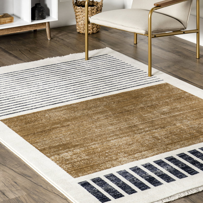 Keeva Modern Striped Fringe Area Rug, Rectangle 10' x 13', Beige/Brown