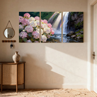 Fleurs d'hortensia, cascade, arc-en-ciel, paysage naturel, ensemble de 3 reproductions d'art sur toile