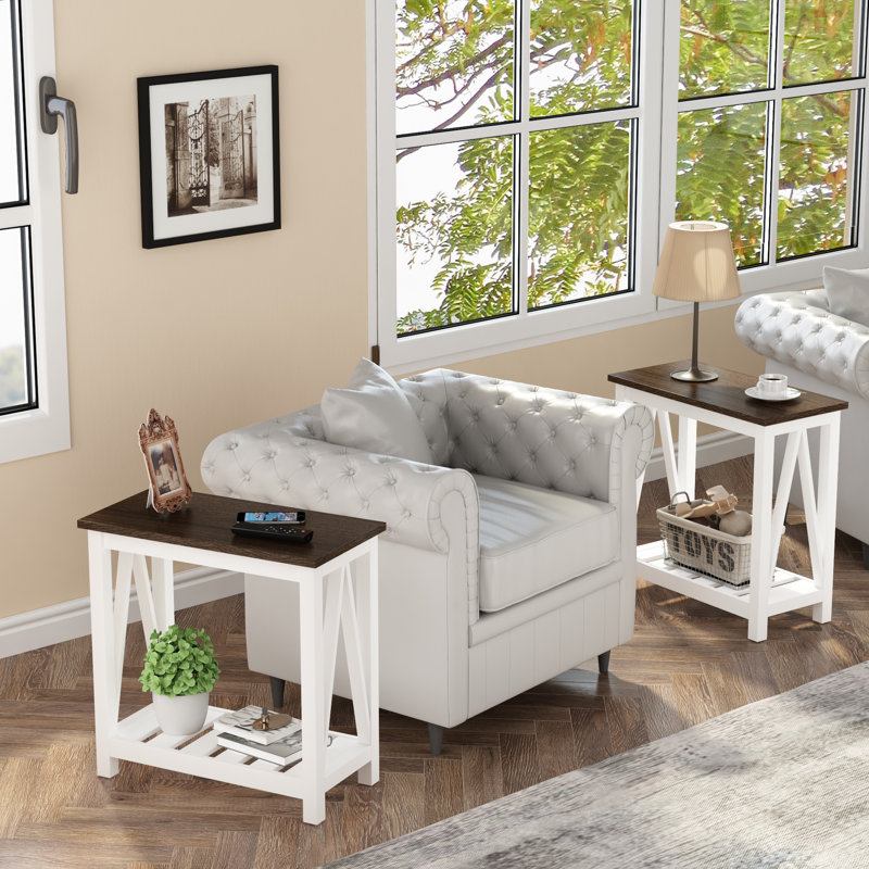 Table de bout à lattes 23,6 "avec rangement (ensemble de 2), Blanc