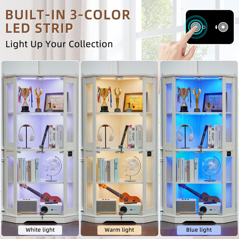 Farmhouse Corner Display Cabinet with Glass Doors, Corner Curio Cabinet with 3-Color LED Motion-Sensor Light (White), White