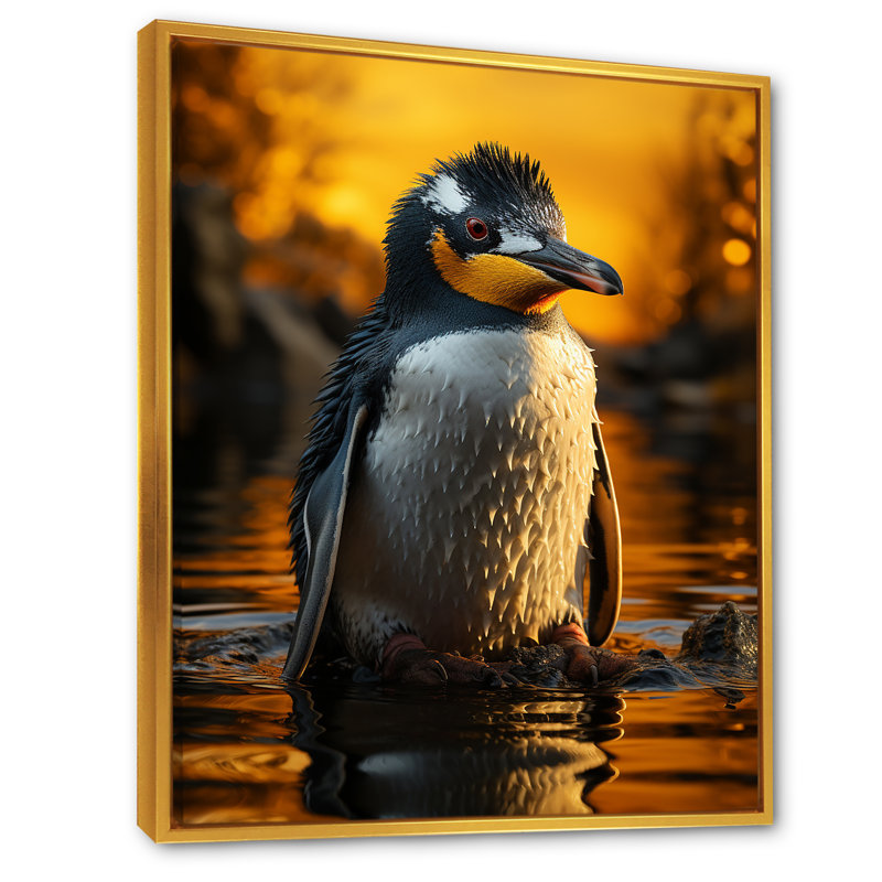 «Playful Snow Wonders Penguins III», reproduction sur toile, Cadre flottant doré, H 44 po x l 34 po x P 1,5 po