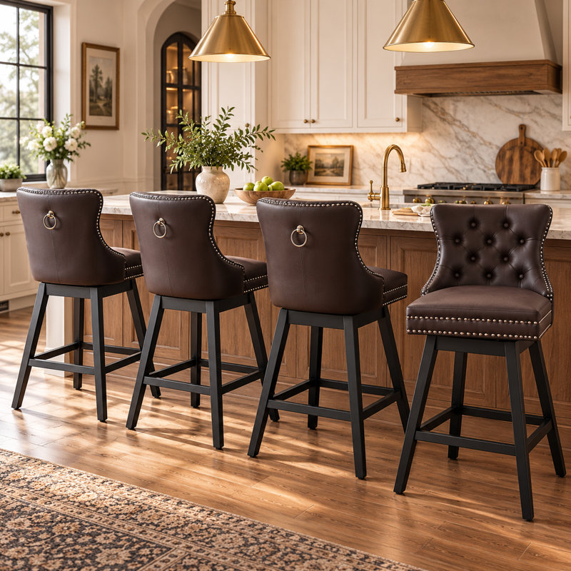 Ensemble de 4 tabourets de bar pivotants, tabourets de bar en cuir de polyuréthane avec devant capitonné à boutons et anneau rétractable, tabourets de bar d'une hauteur de 30 po avec pieds en bois massif pour îlot de cuisine ou bar, brun