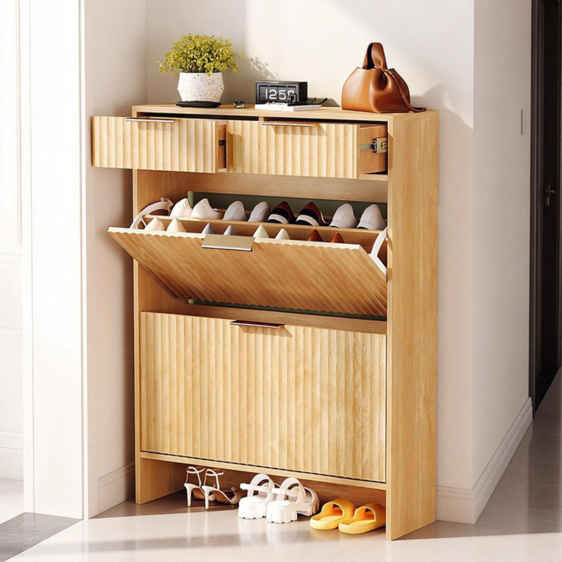 2-Drawer 2-Tip-Down Drawer Slatted Shoe Cabinet, Oak Color