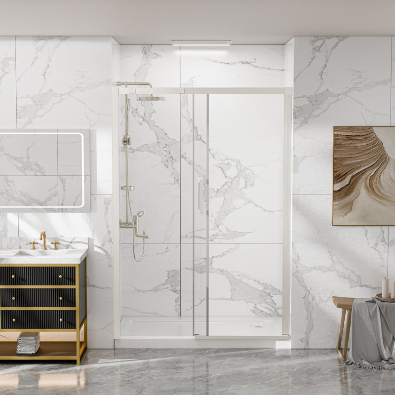 Porte de douche coulissante simple sans cadre de 44 à 48 po x H 74 po avec verre transparent, Nickel brossé