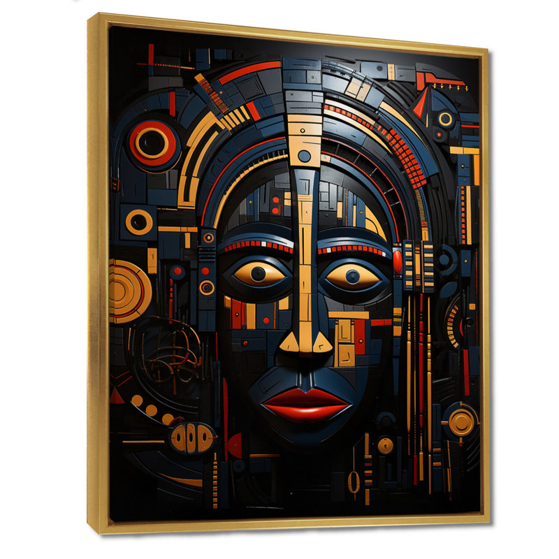 Indigène tribal masque jaune bleu - masque africain, Toile avec cadre flottant or, H 44 po x l 34 po x P 1,5 po