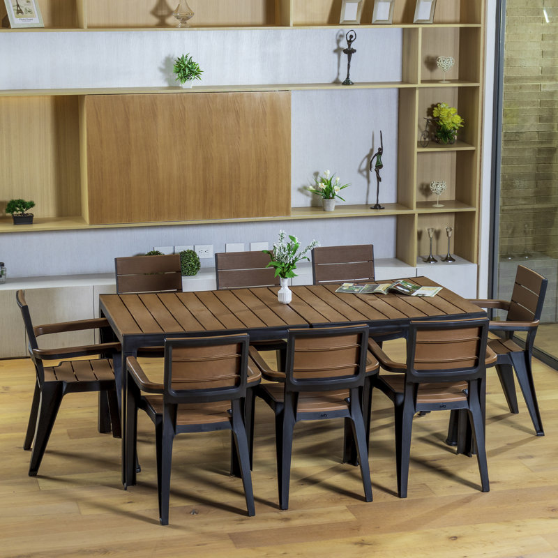 Ensemble de table 8 places et 8 chaises, noir / brun teck, Brun, Noir, 8