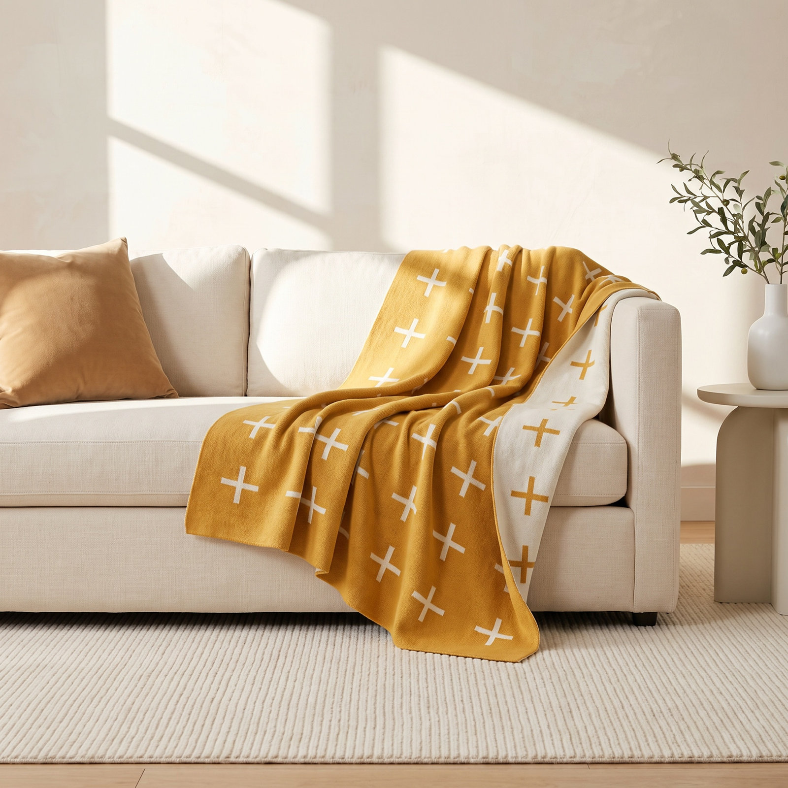 Knit Wool Throw Blanket, White/Mustard