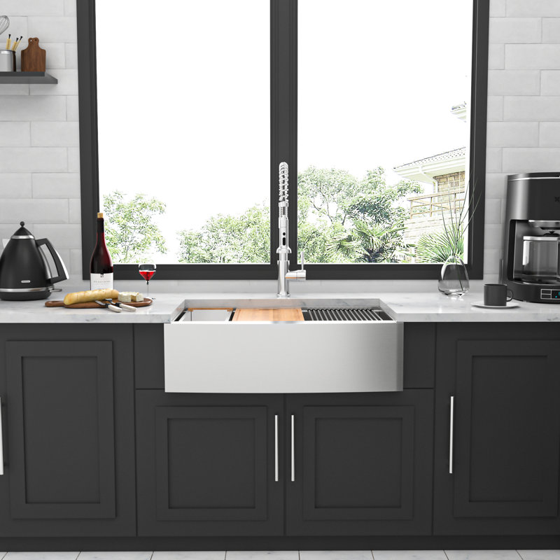 36" Apron Front Sink: 36X22x10 Inch Stainless Steel, Sound Proof Feature For Peaceful Kitchen Sink Workstation: Built-In Ledge Functional Use