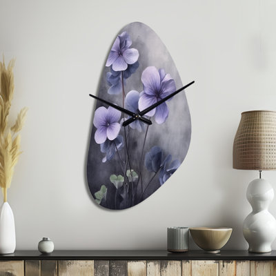 Khandare Purple Grey Violets Dream I - Floral Asymmetrical Metal Wall Clock, Traditional Unique Shape Wall Clock Print