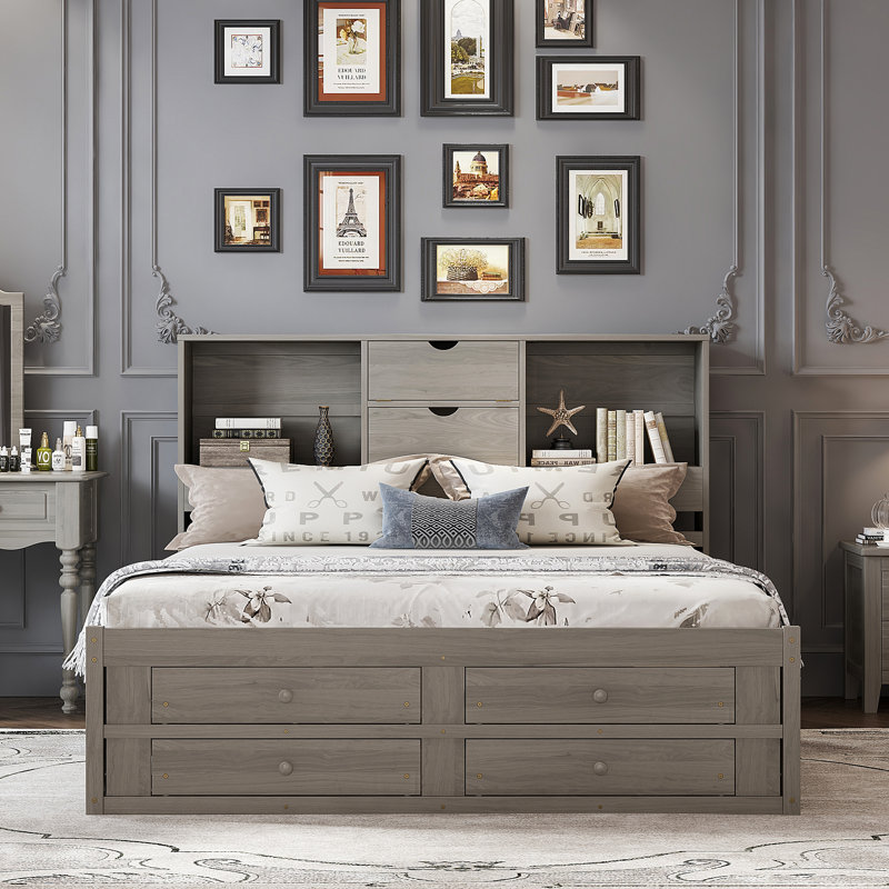 Lit plateforme très grand avec tête de lit à rangement et 8 tiroirs, gris, Gris, Très grand lit